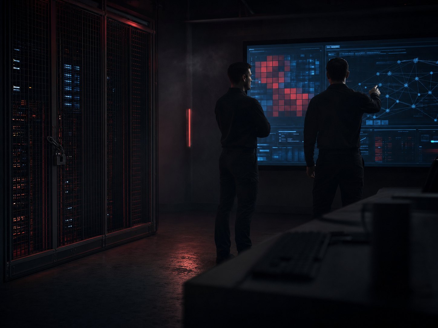 Engineers reviewing a risk matrix and network topology beside a locked, air-gapped server cage